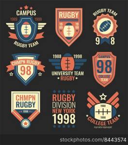 Rugby team labels set. College sport team badges, grunge emblems, university community patches in retro vintage style with text. Vector illustrations collection isolated on black background