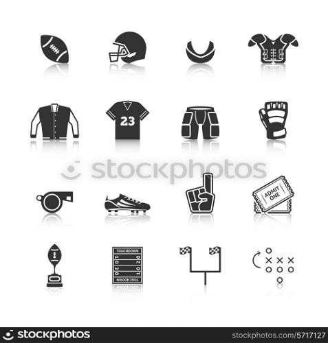 Rugby tournament players body protective sportswear equipment black icons set with gum shield abstract isolated vector illustration