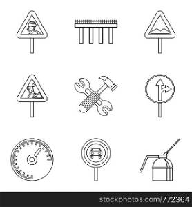 Rugged terrain icons set. Outline set of 9 rugged terrain vector icons for web isolated on white background. Rugged terrain icons set, outline style