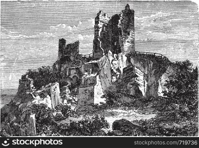 Ruin of Drachenfels Castle in Rhineland-Palatinate, Germany, during the 1890s, vintage engraving. Old engraved illustration of the Ruin of Drachenfels Castle.