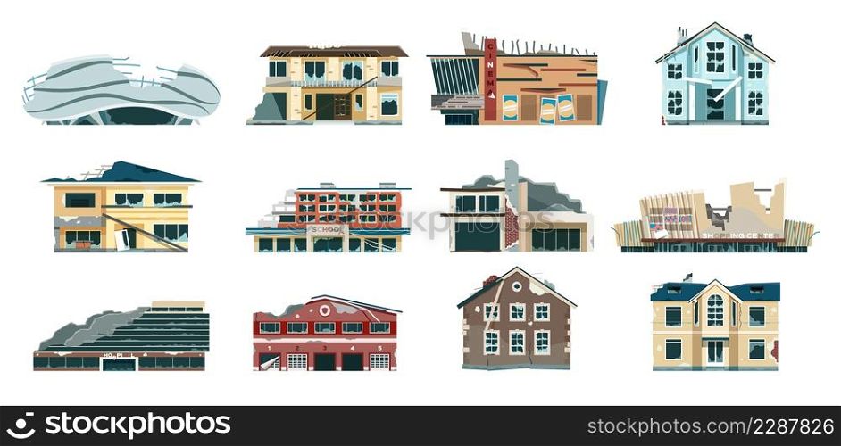 Ruined city buildings, old abandoned and destroyed houses. Collapsed house, decayed building, town ruins after natural disaster vector set of buildings abandoned, ruin old illustration. Ruined city buildings, old abandoned and destroyed houses. Collapsed house, decayed building, town ruins after natural disaster vector set