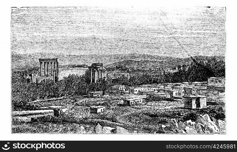 Ruins at Baalbek, Bekaa Valley, Lebanon, during the 1890s, Ancient Babylon, vintage engraving. Old engraved illustration of the Ruins at Baalbek.