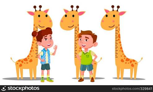 Ruler Baby Height Giraffe Vector. Boy, Girl. Isolated Cartoon Illustration. Ruler Baby Height Giraffe Vector. Boy, Girl. Isolated Flat Cartoon Illustration