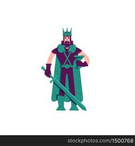 Ruler flat color vector character. Medieval king. Monarch in crown and royal mantle. Middle ages lord holding sword isolated cartoon illustration for web graphic design and animation. Ruler flat color vector character