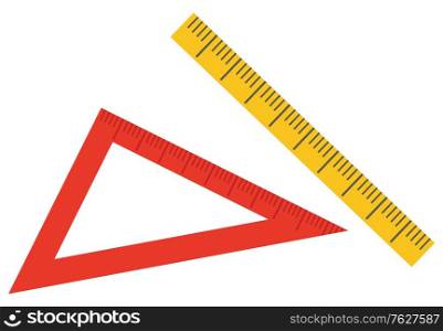 Ruler isolated icon of device for measuring object for precision. Triangular ruler. Item decorated with dots, made of plastic material school supply. Back to school concept. Flat cartoon. Ruler for Maths Lessons, School Supplies Closeup