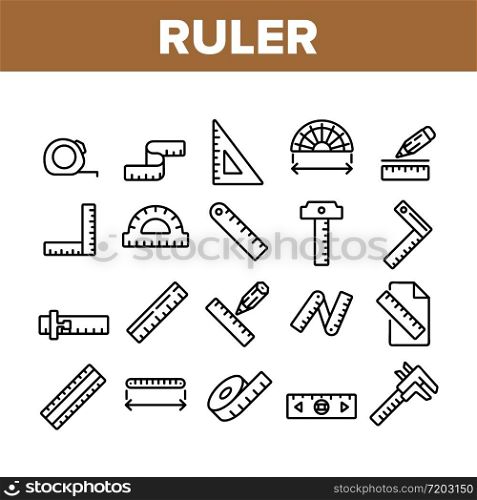 Ruler Measuring Tool Collection Icons Set Vector. Ruler Math, Geometry Stationery Engineer Equipment For Measurement, Tape And Roulette Concept Linear Pictograms. Monochrome Contour Illustrations. Ruler Measuring Tool Collection Icons Set Vector