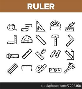 Ruler Measuring Tool Collection Icons Set Vector. Ruler Math, Geometry Stationery Engineer Equipment For Measurement, Tape And Roulette Concept Linear Pictograms. Monochrome Contour Illustrations. Ruler Measuring Tool Collection Icons Set Vector