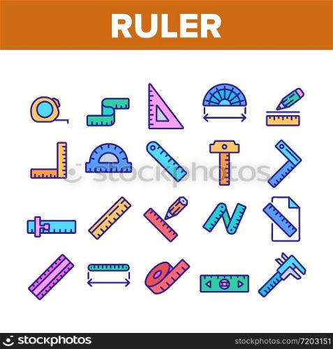 Ruler Measuring Tool Collection Icons Set Vector. Ruler Math, Geometry Stationery Engineer Equipment For Measurement, Tape And Roulette Concept Linear Pictograms. Color Illustrations. Ruler Measuring Tool Collection Icons Set Vector