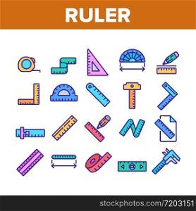 Ruler Measuring Tool Collection Icons Set Vector. Ruler Math, Geometry Stationery Engineer Equipment For Measurement, Tape And Roulette Concept Linear Pictograms. Color Illustrations. Ruler Measuring Tool Collection Icons Set Vector
