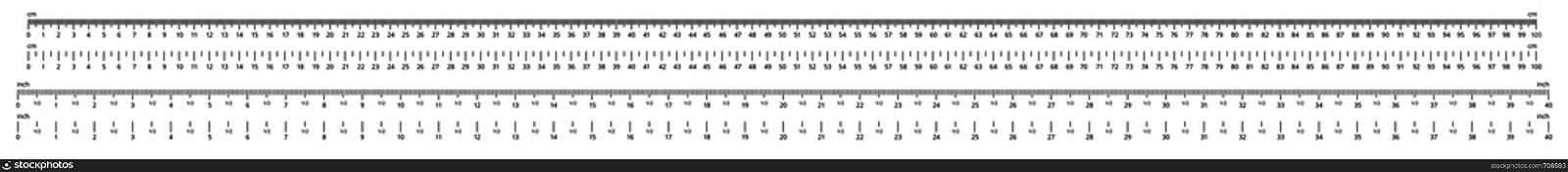 Ruler scale. Measurable scales, 100 centimeters and 40 inches rulers. Geometric engineer tool, school measured ruled cm gradation meter vector illustration. Ruler scale. Measurable scales, 100 centimeters and 40 inches rulers vector illustration