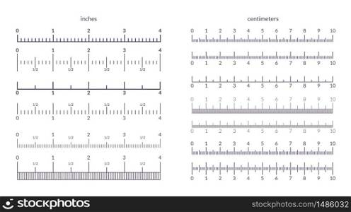 Ruler scale. Measuring metrics and inch indicators, precision line graphic with centimeter marks. Vector isolated illustration set of ruler signs for measurement. Ruler scale. Measuring metrics and inch indicators, precision line graphic with centimeter marks. Vector isolated set of ruler signs