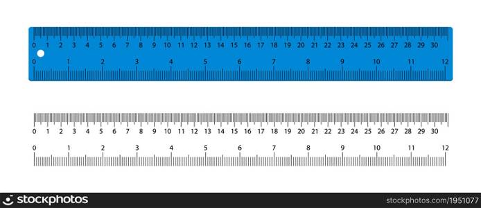 Ruler. Scale with inch and centimeter. Plastic blue ruler for measure of inch and cm. Tape with graphic meter for school, geometry, math. Line with metric, number and realistic size. Vector.. Ruler. Scale with inch and centimeter. Plastic blue ruler for measure of inch and cm. Tape with graphic meter for school, geometry, math. Line with metric, number and realistic size. Vector