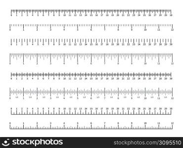 Ruler scales. Different measuring units. Accurate rule divisions with numbers. School drawing tapes. Geometry instruments. Centimeters or inches indicators. Length measurement. Vector width meters set. Ruler scales. Different measuring units. Rule divisions with numbers. School drawing tapes. Geometry instruments. Centimeters or inches. Length measurement. Vector width meters set