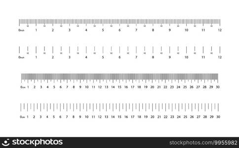 Ruler with cm and inch. Measure on scale of centimeter, millimeter and inches. Meter tape with metric lines. Length with geometric size. Black simple rulers with math and accuracy measurement. Vector.. Ruler with cm and inch. Measure on scale of centimeter, millimeter and inches. Meter tape with metric lines. Length with geometric size. Black simple rulers with math and accuracy measurement. Vector