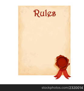 Rules checklist, parchment paper reminder with wax seal in cartoon style isolated on white background. Memo, basis resolution. Page with red marks. Vector illustration