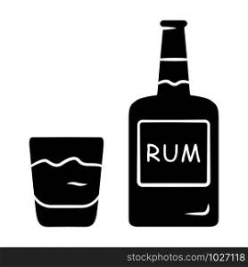 Rum glyph icon. Bottle and old-fashioned glass with alcoholic drink. Alcohol bar beverage consumed for cocktails. Silhouette symbol. Negative space. Vector isolated illustration