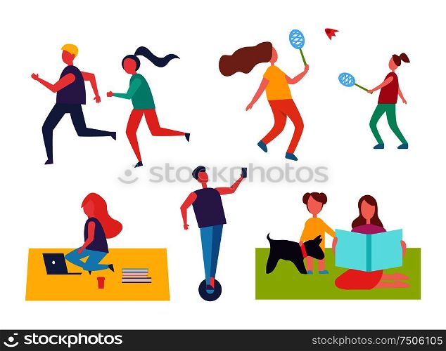 Run and playing tennis isolated icons. Running couple, man on hoverboard scooter. Mother and child on blanket sitting with pet. Freelance woman vector. Run and Playing Tennis Set Vector Illustration