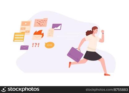 Run away emails. Woman escaping from notifications email internet spam or junk digital communication, procrastination concept, scared office problems vector illustration of character run from message. Run away emails. Woman escaping from notifications many email internet spam or junk digital communication, procrastination concept, scared chase office problems vector illustration
