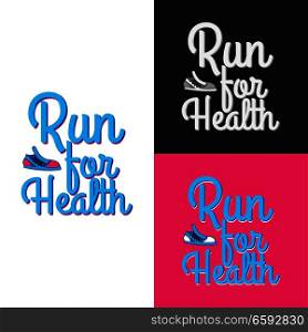 Run for health collection of three logotypes. White, black and pink pictures with text inside and one sneaker in cartoon style flat design. Group of similar vector illustrations on sport lifestyle. Run for Health. Collection of Three Logotypes