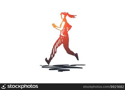 Run, girl, sport, fitness, exercise concept. Hand drawn woman running, healthy lifestyle concept sketch. Isolated vector illustration.. Run, girl, sport, fitness, exercise concept. Hand drawn isolated vector.