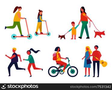 Run hobby of people in park. Isolated icons of running couple , woman on bicycle. Man and lady with guitar, mother and son walking dog on leash vector. Run Hobby of People Icons Vector Illustration