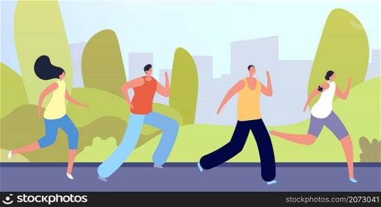 Run in park. Active people crowd, flat man woman running on nature. Outdoor sport exercise, young friends morning jogging vector illustration. Runner crowd, fitness outdoor in park. Run in park. Active people crowd, flat man woman running on nature. Outdoor sport exercise, young friends morning jogging vector illustration