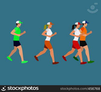 Run man and woman flat icons on blue background. Vector illustration. Run man and woman flat icons