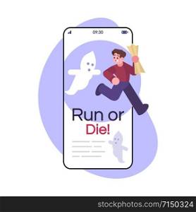 Run or die social media post smartphone app screen. Mobile phone display with cartoon character design mockup. Thematic strategy game. Horror escape room application telephone interface