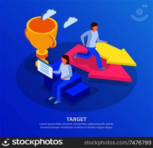 Run to goal isometric background with conceptual images of arrows stairs and running people with text vector illustration