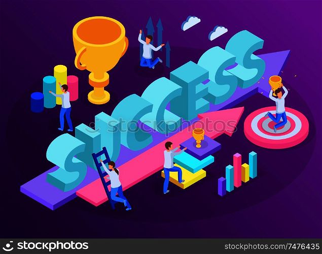 Run to goal isometric concept abstract situation with employer climbing stairs to success and trophy vector illustration
