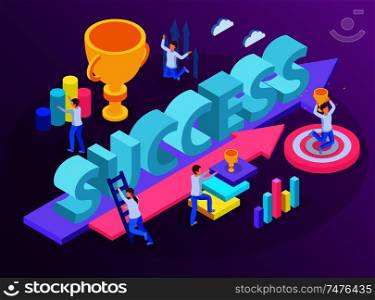 Run to goal isometric concept abstract situation with employer climbing stairs to success and trophy vector illustration