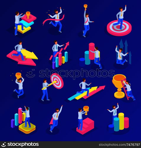 Run to goal isometric icon set with people and trophies targets charts and achievements vector illustration