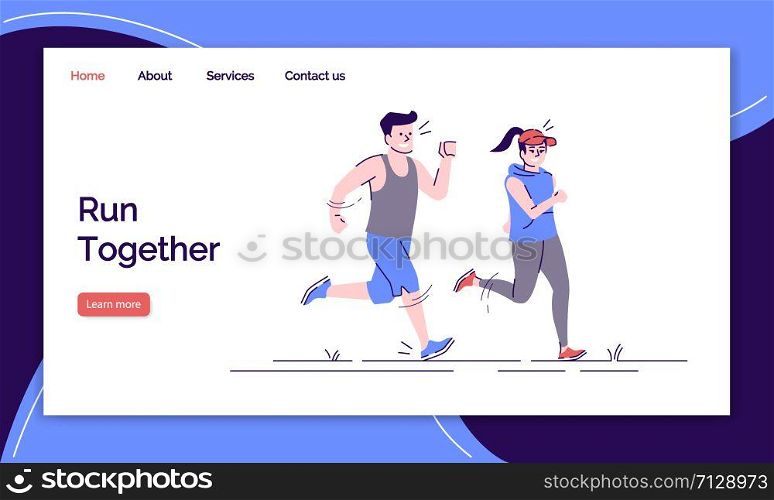 Run together landing page vector template. Sport activity website interface idea with flat illustrations. Outdoor workout homepage layout. Jogging training web banner, webpage cartoon concept