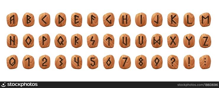Rune alphabet on wooden tablets with engraved letters, numbers and additional symbols. Vector cartoon set of wood buttons with runic characters, typography font in scandinavian style. Rune alphabet on wooden tablets