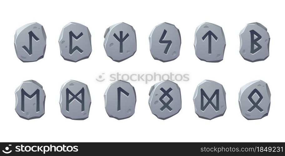 Rune stones with sacred glyphs for game design isolated on white background. Vector cartoon set of ancient stones with engraved magic signs, scandinavian runic characters. Rune stones with sacred glyphs for game design