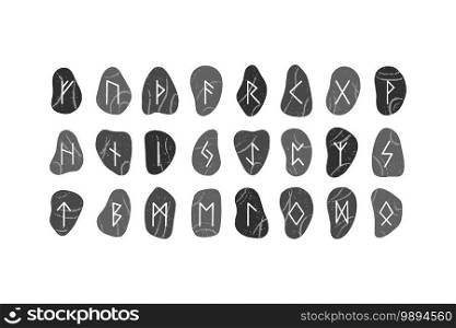 Runes alphabet on river stones. Set of Old Norse Scandinavian runes on a white background.