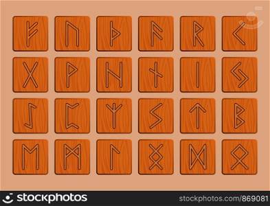 Runes. Vector runic alphabet. Old Norse, Scandinavian, Icelandic, German and Anglo-Saxon round symbols. Sign, icon. Wood engraving. Beige color