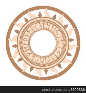 Runic circle, an ancient symbol, decorated with Scandinavian patterns. Beige fashion design. Runic circle, an ancient Slavic symbol, decorated with Scandinavian patterns. Beige fashion design