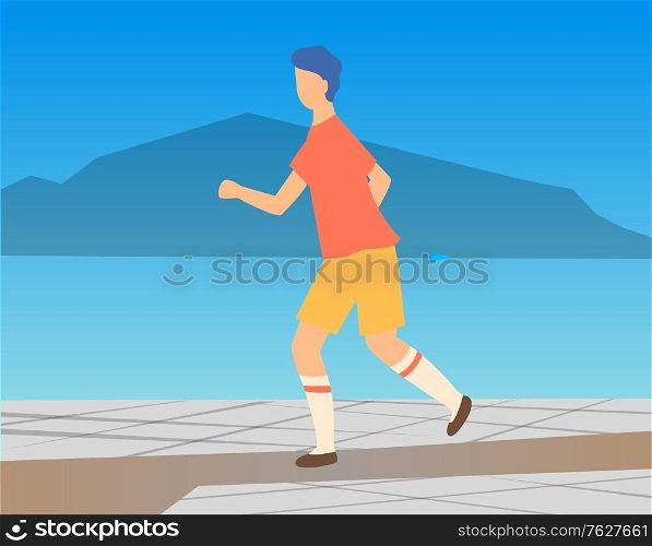 Runner character wearing sportswear training outdoor. Person side view runing by road, healthy and active lifestyle, athlete outdoor, fitness vector. Man run near water. Flat cartoon. Athlete Character Running Outdoor, Sport Vector