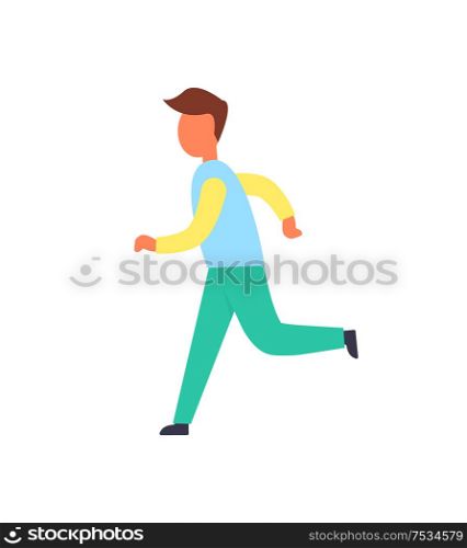 Runner male active person running in one direction. Person leading active lifestyle. Jogging man wearing trousers and sweater icon isolated vector. Runner Male Active Person Vector Illustration