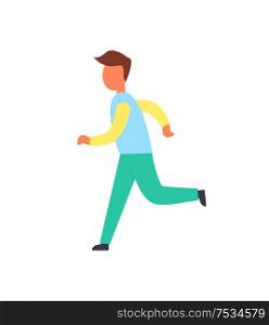 Runner male active person running in one direction. Person leading active lifestyle. Jogging man wearing trousers and sweater icon isolated vector. Runner Male Active Person Vector Illustration