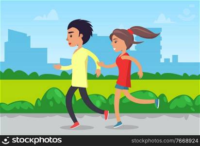 Runner or joggers in park, man and woman running or jogging, sport healthy lifestyle vector. Outdoor activity, marathon or workuot, couple in sportswear. Couple Running or Jogging in Park, Sportswear