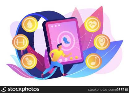 Runner uses smartwatch sport and health apps. Fitness tracker, activity band, health monitor and wrist-worn device concept on white background. Bright vibrant violet vector isolated illustration. Fitness tracker concept vector illustration.
