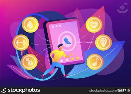Runner uses smartwatch sport and health apps. Fitness tracker, activity band, health monitor and wrist-worn device concept on ultraviolet background. Bright vibrant violet vector isolated illustration. Fitness tracker concept vector illustration.