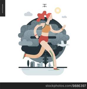 Runners - a girl running in the park - flat vector concept illustration of ginger young woman with headphones, sporting equipment and kinesio tapes.. Healthy activity. Park, trees, drone and houses. Runners - girl exercising