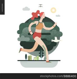 Runners - a girl running in the park - flat vector concept illustration of ginger young woman with headphones, sporting equipment and kinesio tapes.. Healthy activity. Park, trees, drone and houses. Runners - girl exercising