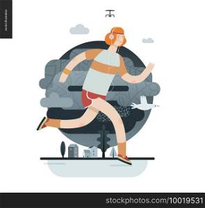Runners - a man running in the park - flat vector concept illustration of ginger guy with headphones, t-shirt and red shorts. Healthy activity. Green park, trees, drone and house buildings. Runners - guy exercising