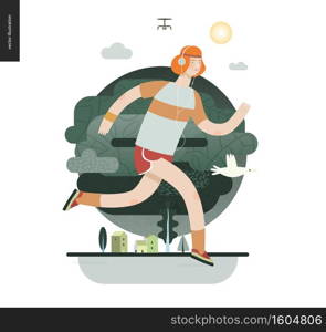 Runners - a man running in the park - flat vector concept illustration of ginger guy with headphones, t-shirt and red shorts. Healthy activity. Green park, trees, drone and house buildings -dark green. Runners - guy exercising