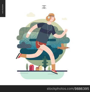 Runners - a man running in the park - flat vector concept illustration of ginger guy with headphones, t-shirt and red shorts. Healthy activity. Green park, trees, drone and house buildings -dark green. Runners - guy exercising