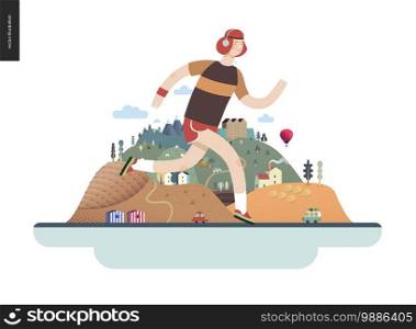 Runners - a running man - flat vector concept illustration of ginger guy with headphones. Healthy activity. hilly island behind with roads, cars, castle, houses and trees,mountains, balloon and clouds. Runners - guy exercising